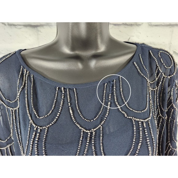 Cache’ Women’s Size 0 Beaded Blouson Chiffon Dress‎ Navy Bronze - Picture 6 of 7